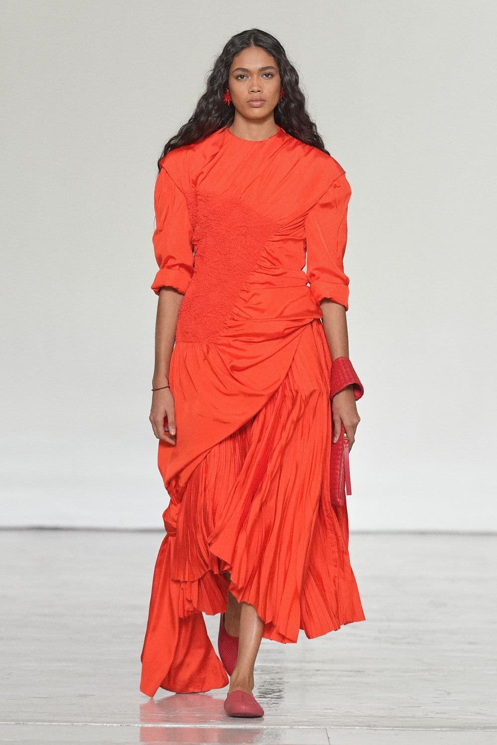 Red gathered dress from Bottega Veneta Spring 2027, look 55