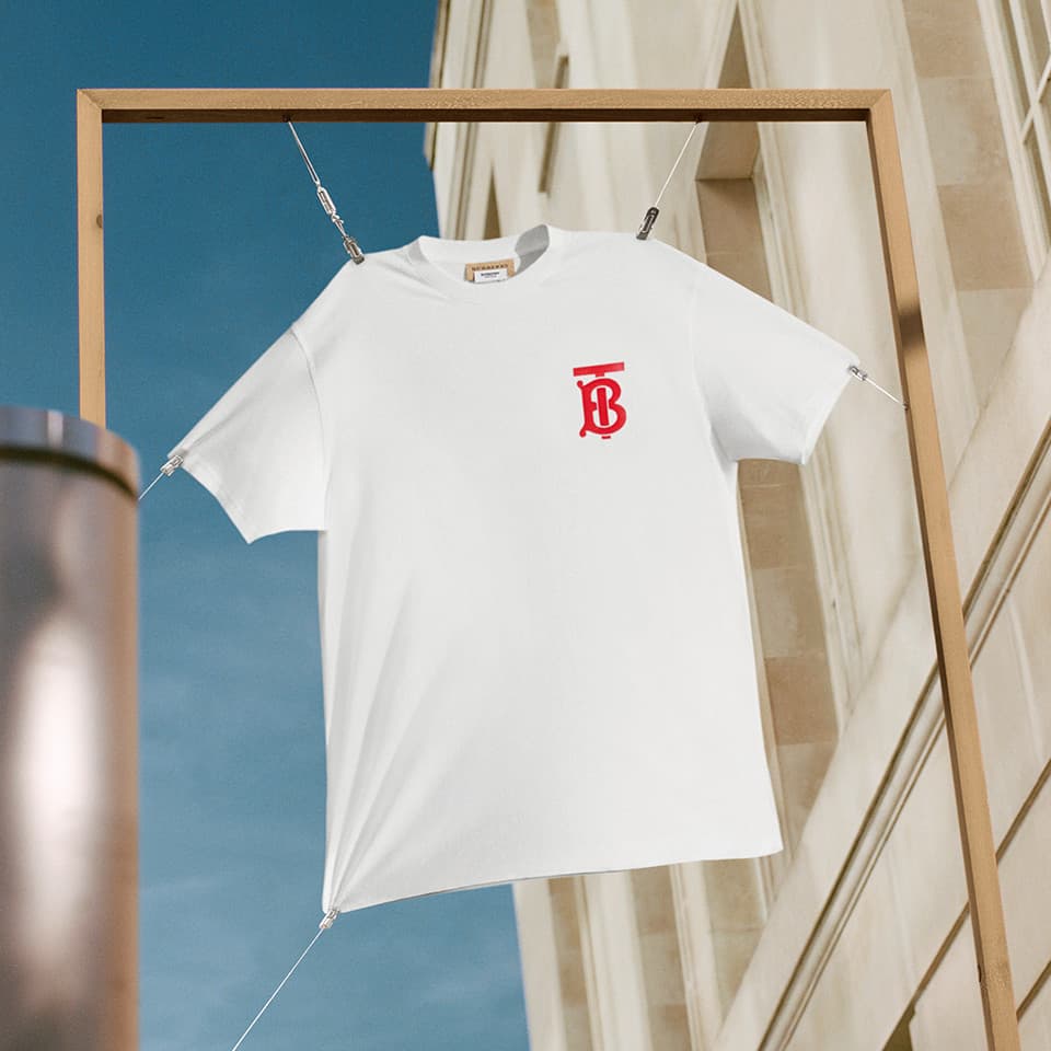 The red TB monogram on a white B Series T-shirt, 2018