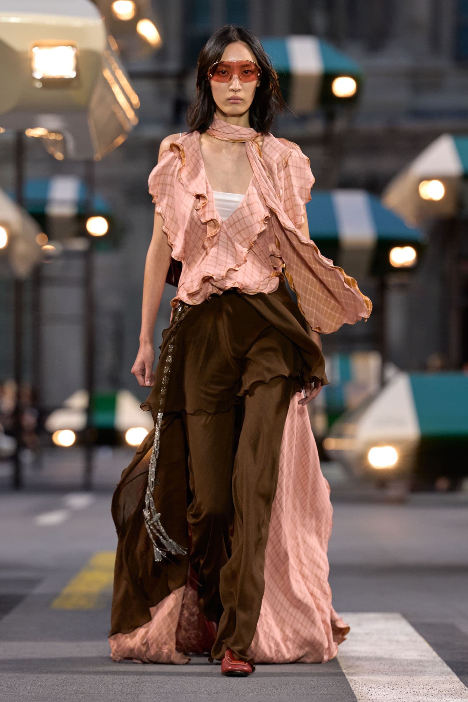 Look 29: pink checked top with ruffles across one shoulder