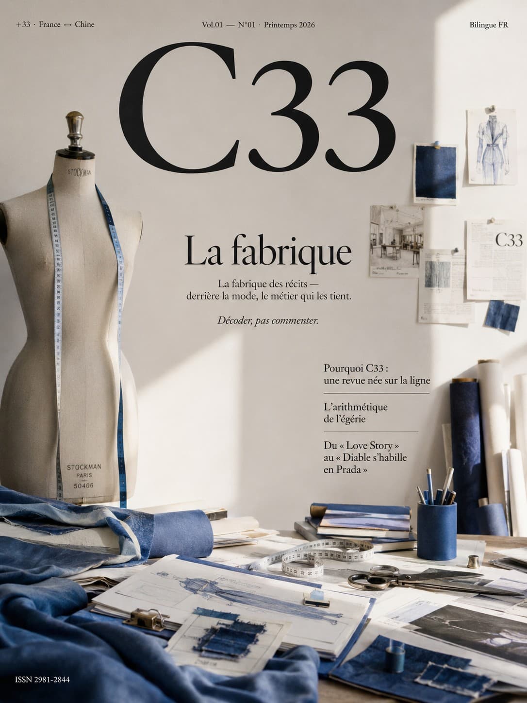 C33 N°01 « La fabrique » — l'atelier, buste Stockman et croquis