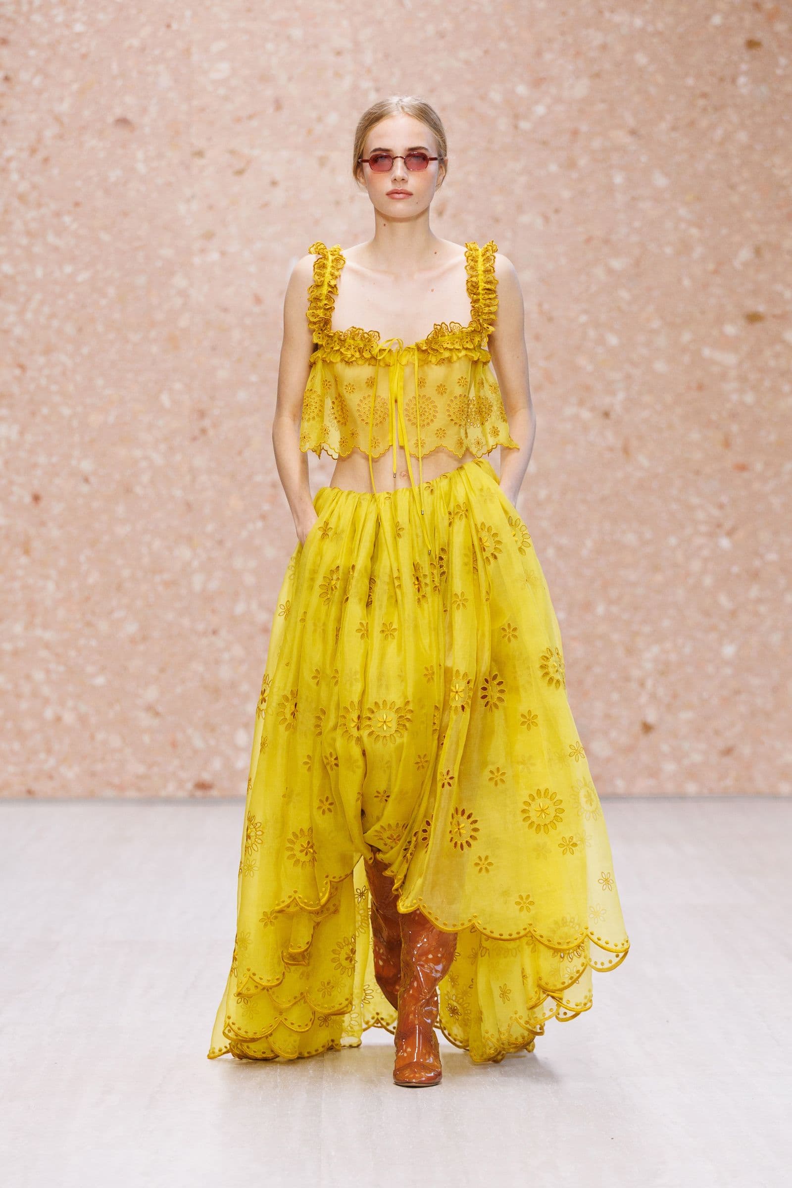 Look 42: yellow embroidered top and layered skirt