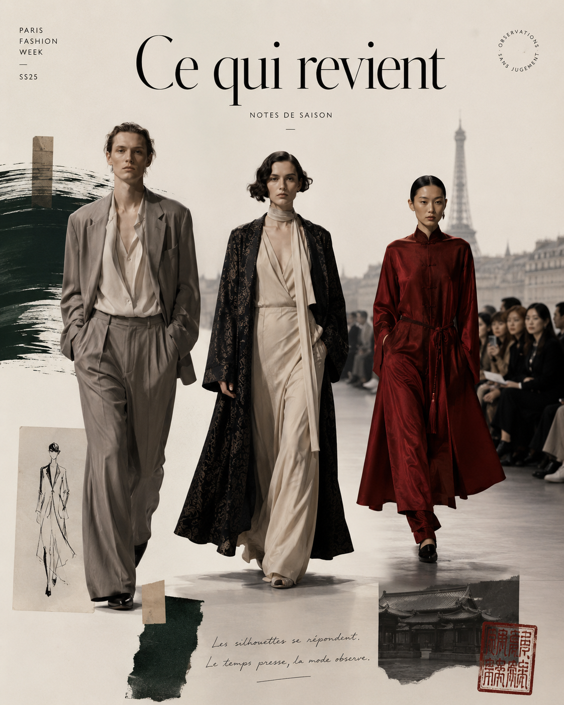 Trois silhouettes sur un podium parisien, la tour Eiffel en fond, ponctuées d'un sceau chinois — planche éditoriale « Ce qui revient ».