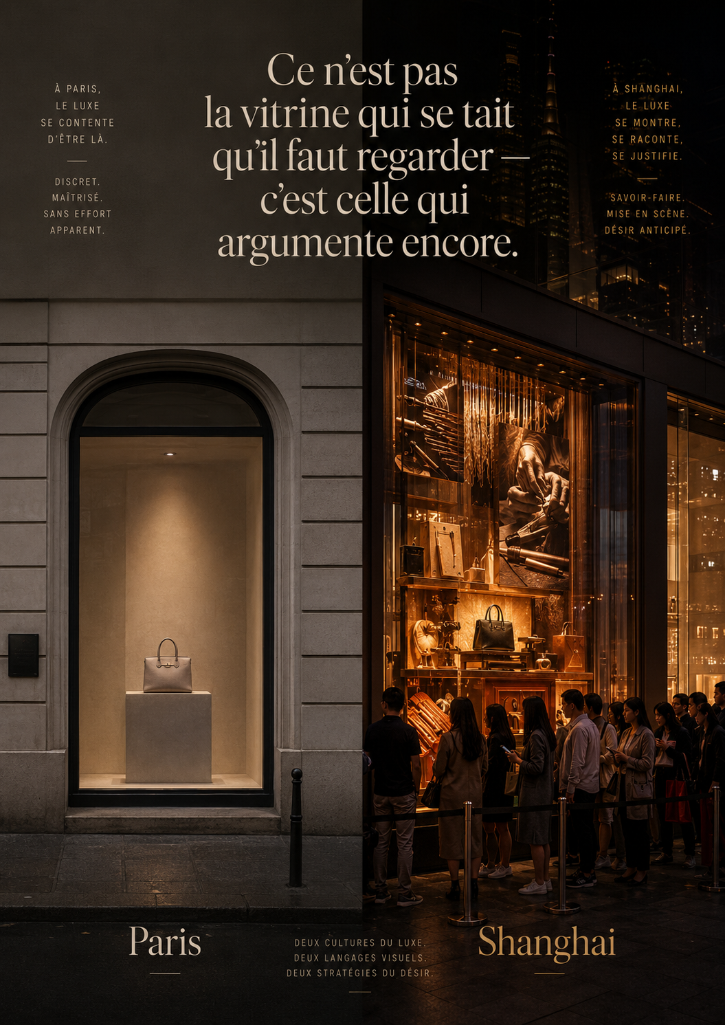 Diptyque Paris–Shanghai : à gauche une vitrine parisienne épurée, à droite une vitrine shanghaïenne et son public — deux grammaires du désir, également légitimes.